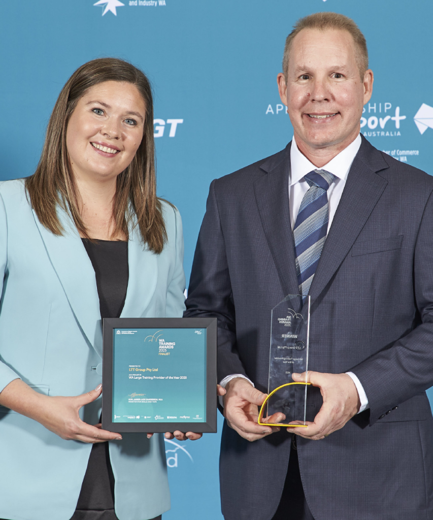 Simon at the WA Training Awards receiving the WA large trainer of the year award in 2025