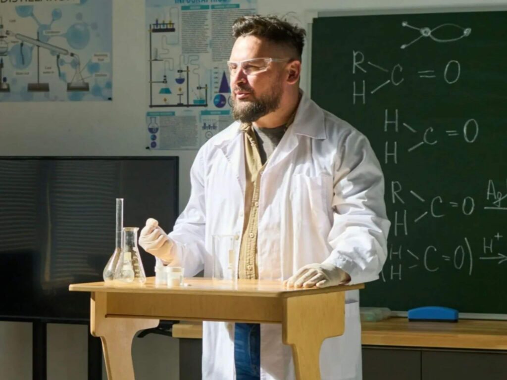 A man wearing a laboratory coat, safety glasses and gloves demonstrates with glassware in front of a chemistry chalkboard.