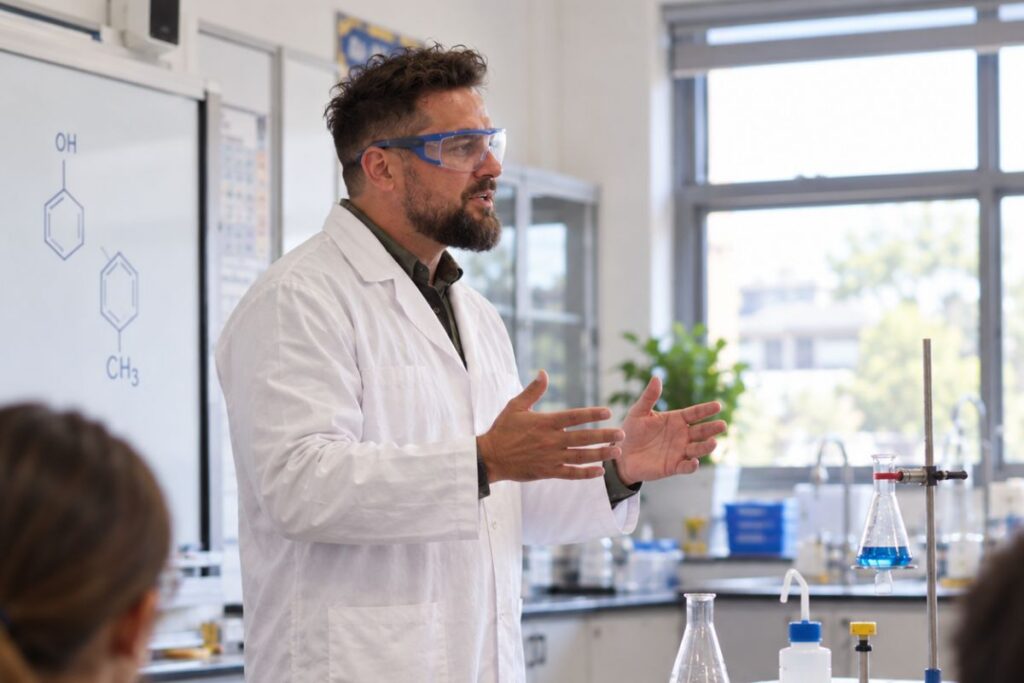 A science teacher in a laboratory coat and safety goggles gestures while addressing students beside a flask of blue liquid.