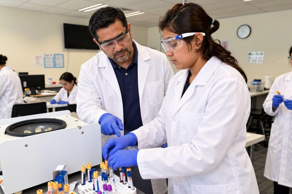 Trainer guides a student handling specimen tubes beside a centrifuge, both wearing laboratory coats, safety goggles and blue gloves.
