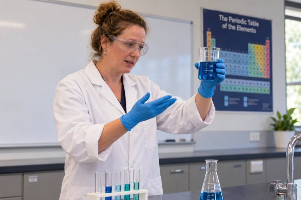 A woman wearing a laboratory coat, safety glasses and blue gloves holds up a beaker of blue liquid during a science demonstration.
